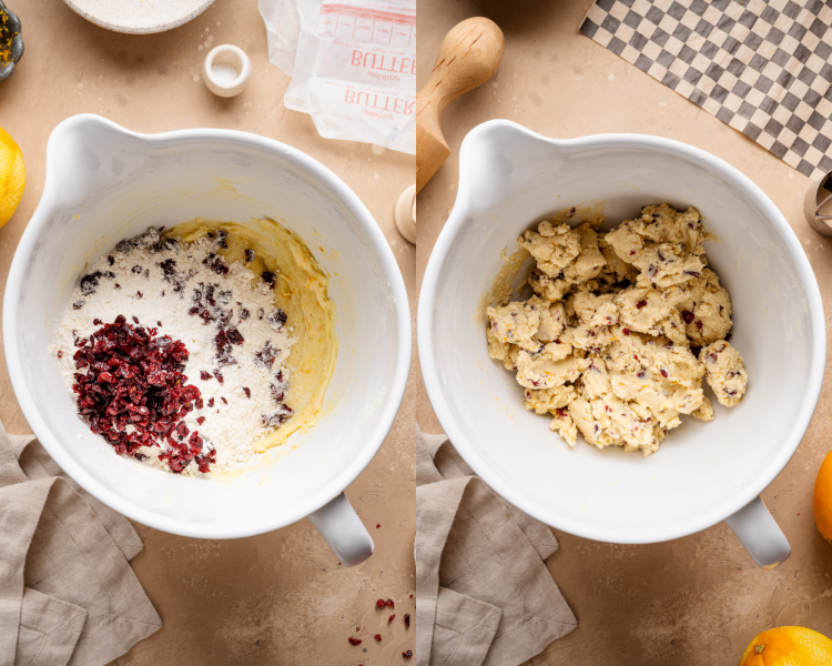 Side-by-side image of adding the dry ingredients to the wet ingredients and mixing until combined.
