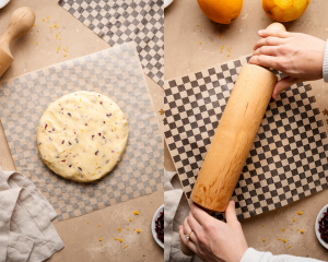 Side-by-side image of rolling shortbread cookie dough out in between parchment paper.