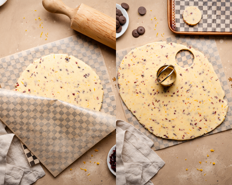 Side-by-side image of removing parchment paper from the top and cutting with 2-inch cookie cutter.