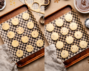 Side-by-side of slices of cookie dough on tray then baked for 12-14 minutes.
