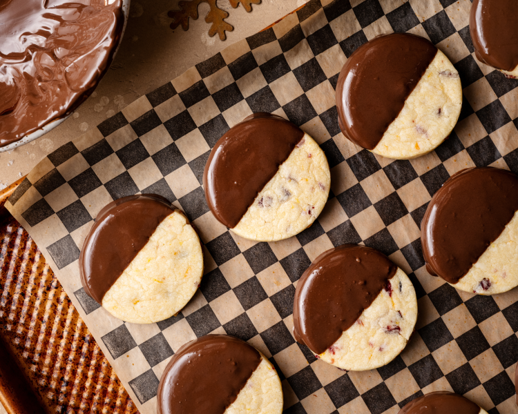 Shortbread cookies dipped in melted dark chocolate.