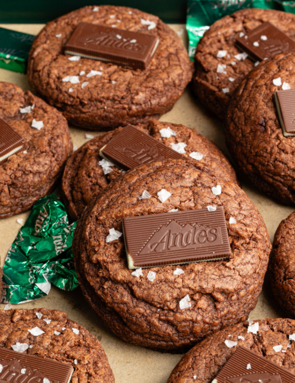 Andes mint cookies topped with andes mint bar.