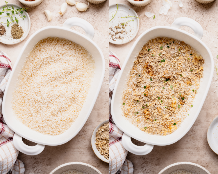Side-by-side image of adding the rice and ingredients to baking dish.