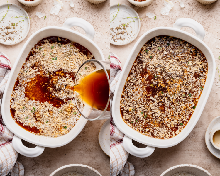 Side-by-side image of adding the liquids and gently stirring.