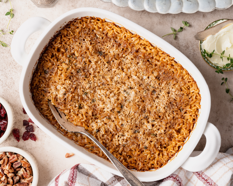 Rice baked in casserole dish.