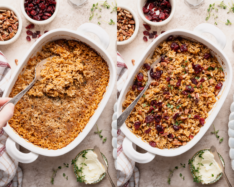 Side-by-side image of fluffing rice with a fork then adding dried cranberries, pecans and herbs.