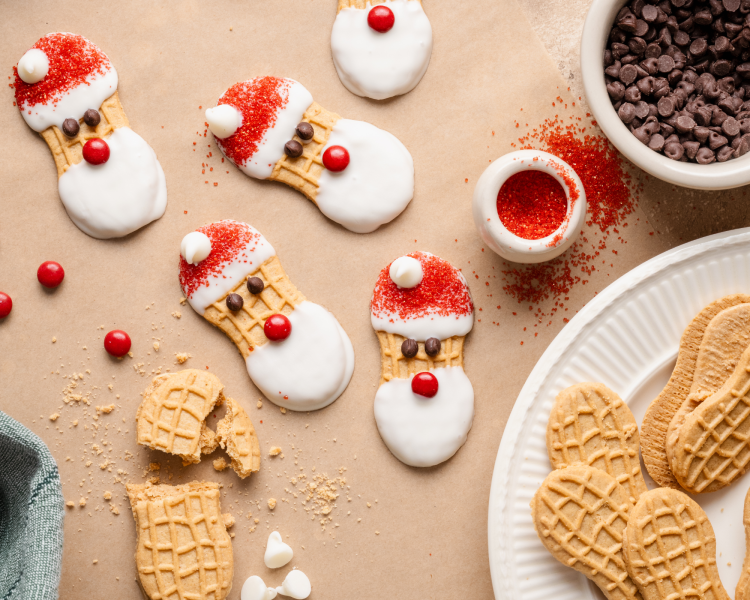 Decorated nutter butter santas.