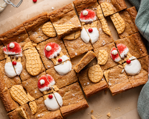 Nutter butter cookie bars cut into slices.