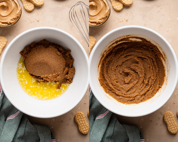 Side-by-side image of whisking the brown sugar and melted butter together in mixing bowl.