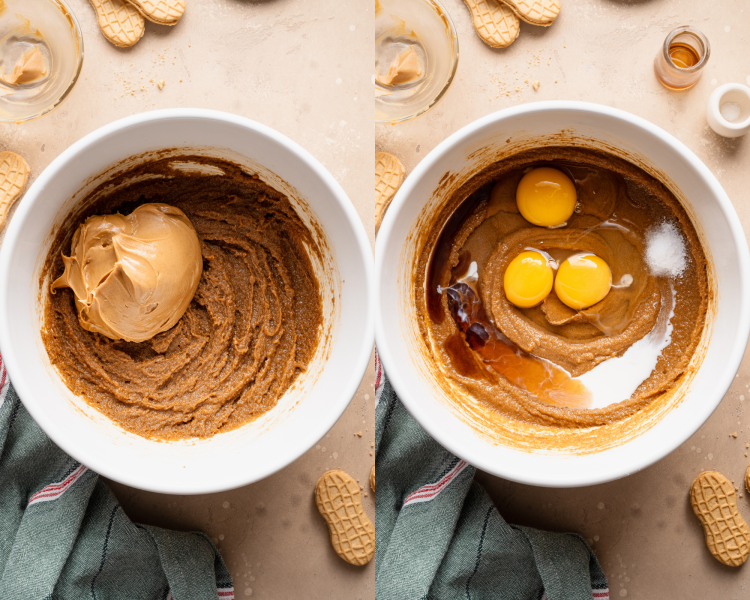 Side-by-side image of whisking peanut butter and rest of the wet ingredients together.