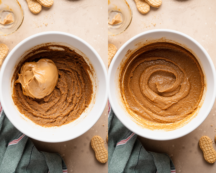 Side-by-side of whisking the peanut butter with melted butter and sugar.