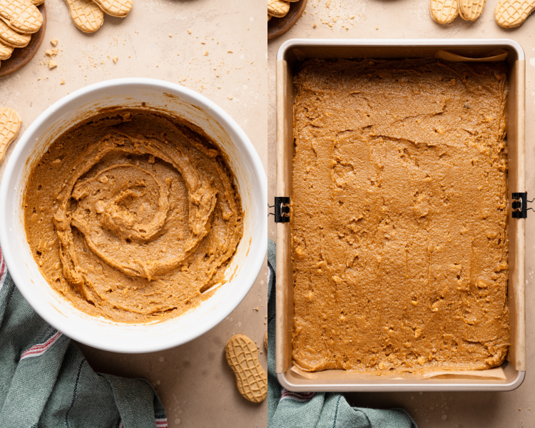 Side-by-side image of combined cookie dough in mixing bowl then spread into prepared 9x13 inch pan.