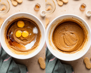 Side-by-side image of adding the vanilla, eggs, milk and salt to wet ingredients and mixing to combined.