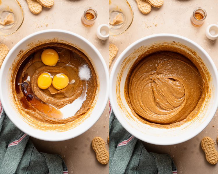 Side-by-side image of adding the vanilla, eggs, milk and salt to wet ingredients and mixing to combined.