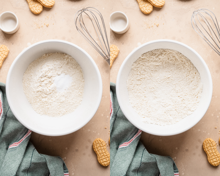 Side-by-side image of whisking flour and baking powder together.