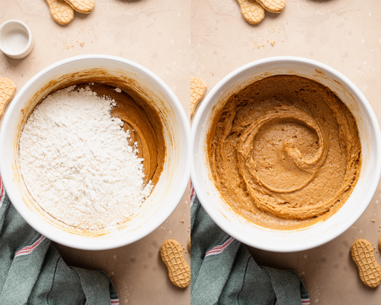 Side-by-side image of adding the dry ingredients to the wet to form cookie bar dough.