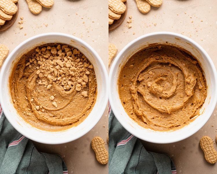 Side-by-side image of adding the chopped nutter butter into cookie dough and mixing to combine.