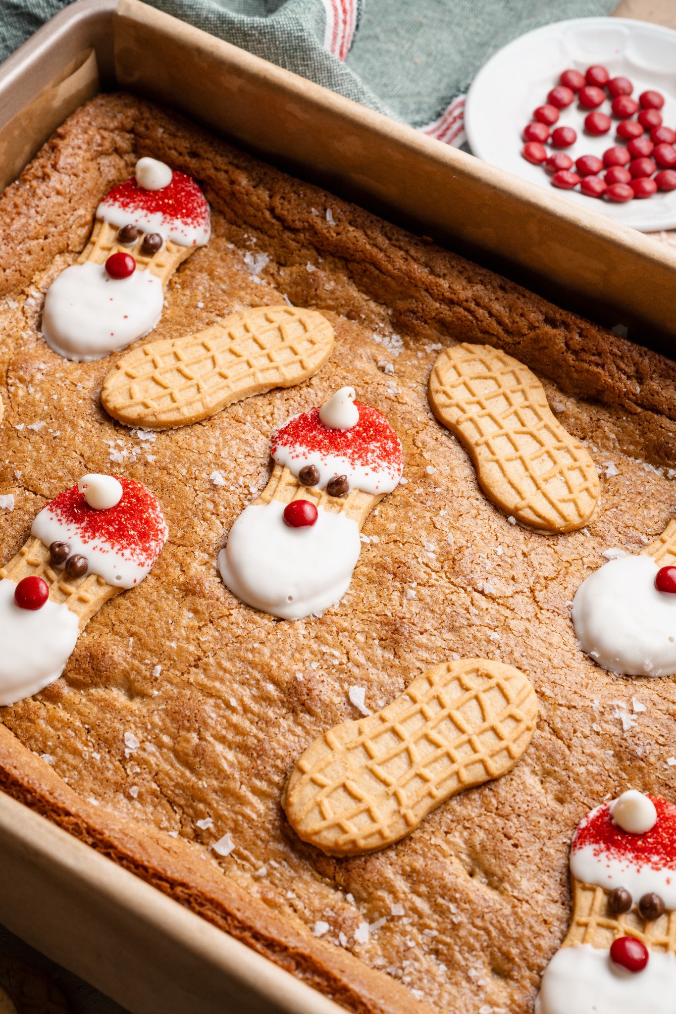Santa nutter butter cookie bars baked in 9x13 pan.