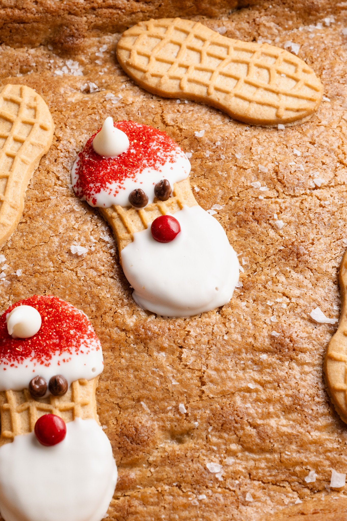 Upclose of Nutter Butter santa on top of cookie bar.
