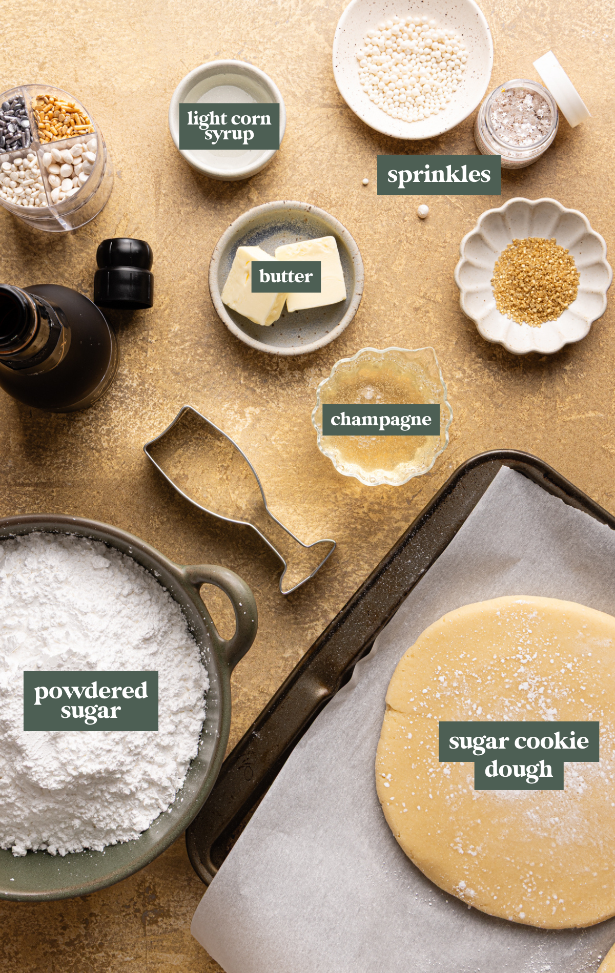 Labeled ingredients for sparkling champagne cookies.