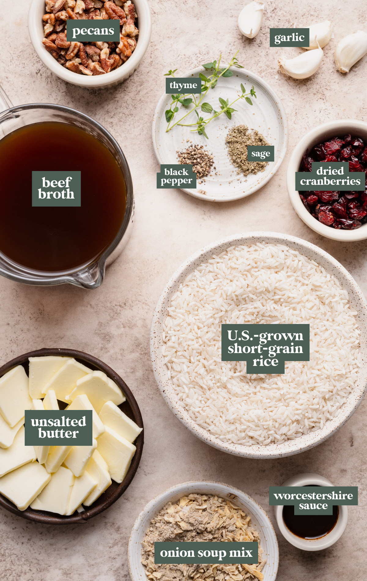 Labeled ingredients for holiday stick of butter rice.