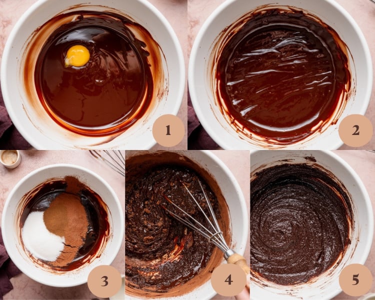 Collage showing the mixing process for flourless chocolate cake: melted chocolate with butter and olive oil, an egg yolk being added and whisked in, cocoa powder and sugar added to the bowl, the mixture being whisked until thick and grainy, and the finished smooth chocolate batter fully combined.