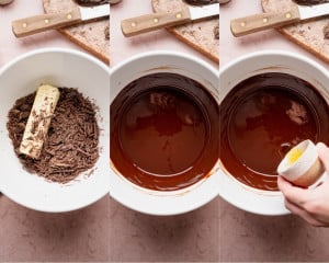 Chocolate and butter in a mixing bowl before melting, shown alongside the same mixture fully melted and smooth.