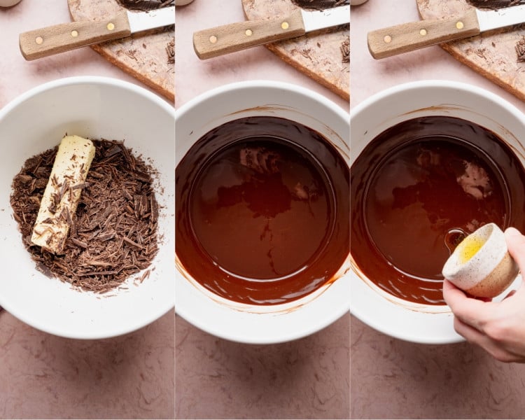 Chocolate and butter in a mixing bowl before melting, shown alongside the same mixture fully melted and smooth.