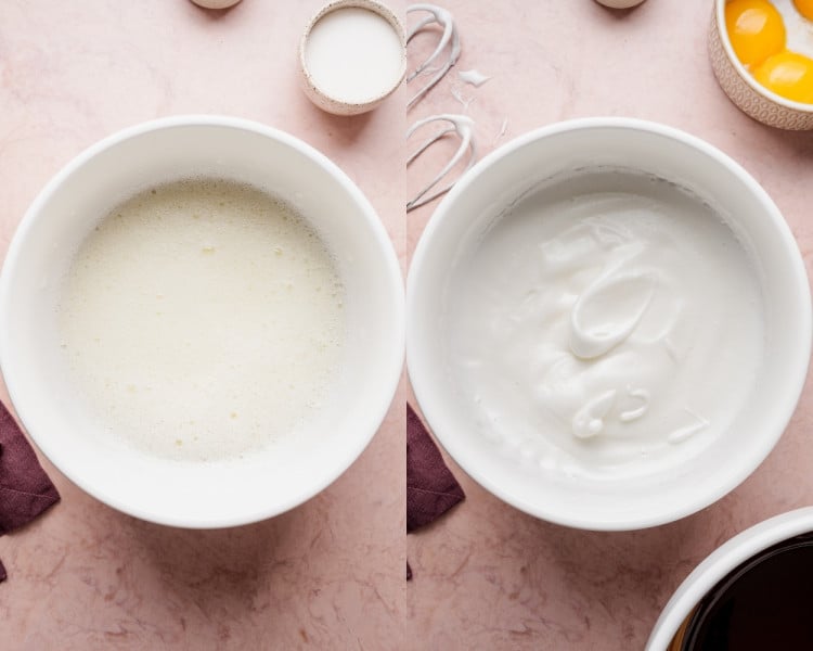 Egg whites in a bowl shown before whipping and after being beaten to soft, glossy peaks.