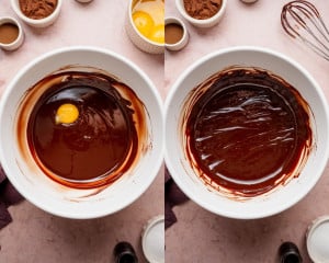 Egg yolks added to the melted chocolate mixture and whisked until smooth and combined.