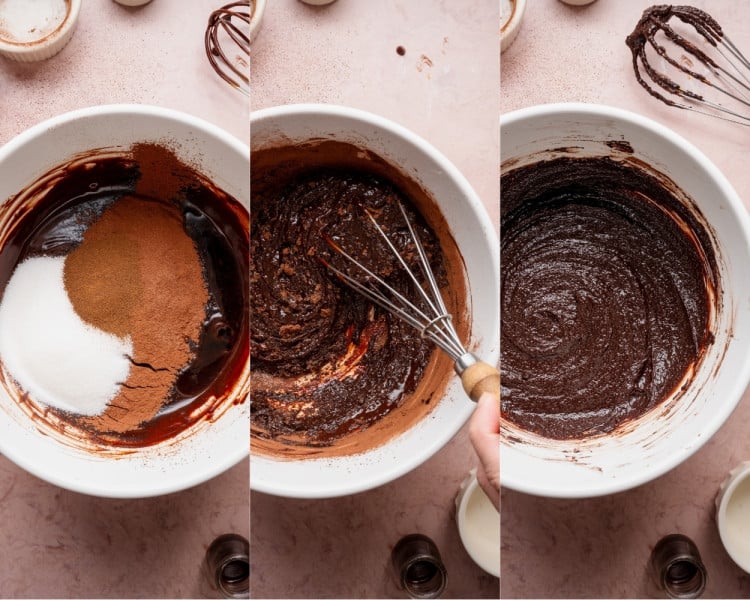 Sugar, cocoa powder, and dry ingredients added to the chocolate mixture and whisked into a thick batter.