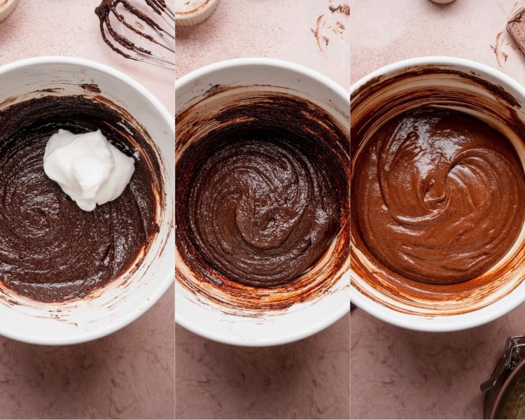 Whipped egg whites added to the chocolate batter and gently folded in until lightened and smooth.