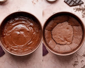 Flourless chocolate cake batter spread into a prepared springform pan and shown after baking with a cracked top.