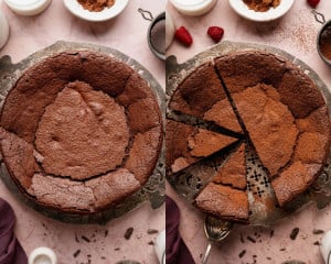 Fully baked flourless chocolate cake cooled, sliced, and served on a platter with cocoa dusting.