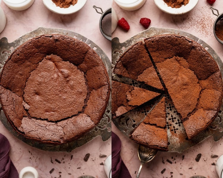 Fully baked flourless chocolate cake cooled, sliced, and served on a platter with cocoa dusting.