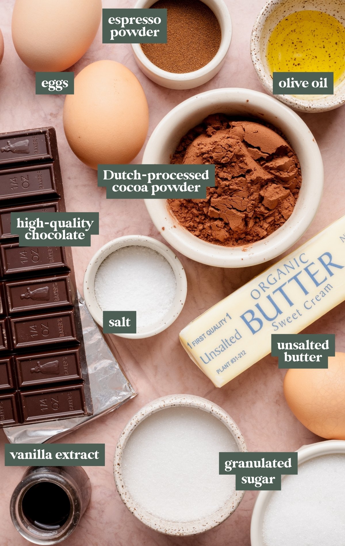 Overhead view of flourless chocolate cake ingredients labeled on a marble surface, including eggs, high-quality chocolate bars, Dutch-processed cocoa powder, granulated sugar, unsalted butter, olive oil, espresso powder, vanilla extract, and salt.