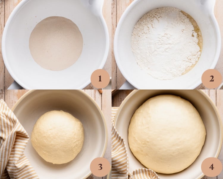 Step-by-step collage showing yeast blooming in warm milk, flour added to the bowl, dough formed into a smooth ball, and dough doubled in size after rising.