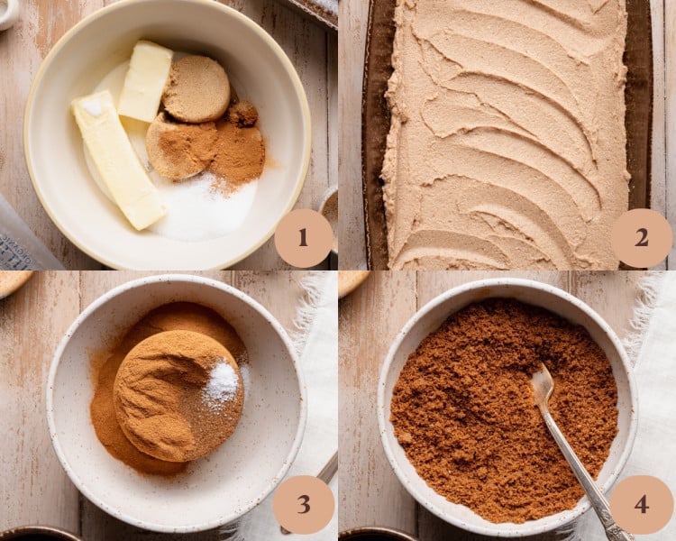 Collage showing caramel sauce ingredients mixed together and spread evenly across the bottom of a baking dish, along with cinnamon sugar filling prepared in a bowl.