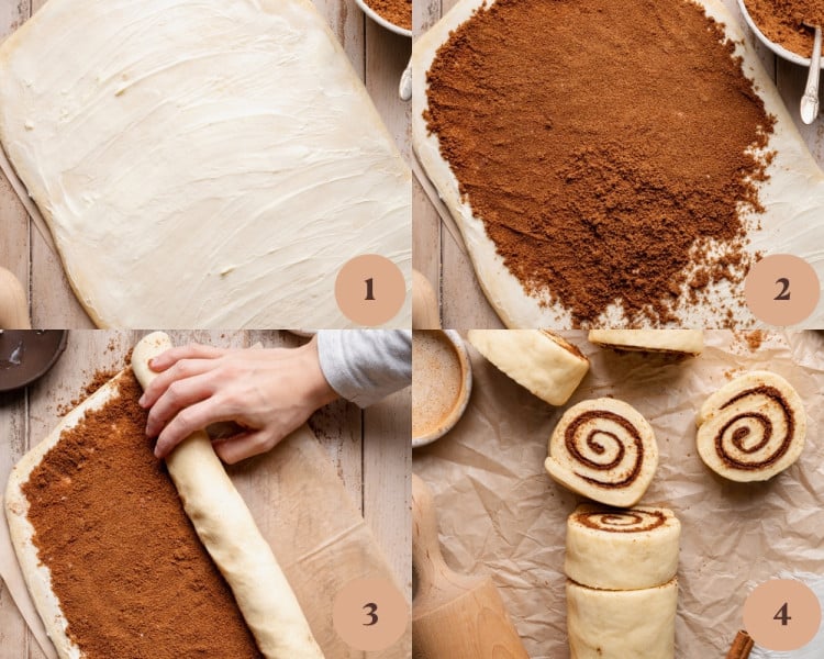 Collage showing cinnamon roll dough rolled out, butter spread evenly on top, cinnamon sugar sprinkled over the surface, and dough rolled into a log and sliced.