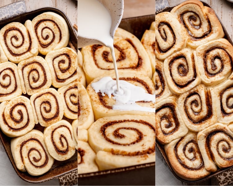 Collage showing cinnamon rolls arranged in a baking dish, heavy cream poured over the rolls, and rolls baked until golden brown and fluffy.