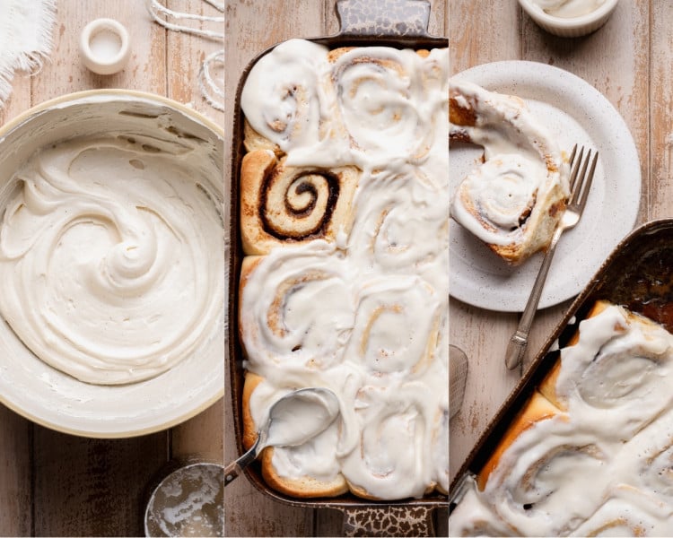 Collage showing cream cheese frosting whipped until smooth, frosting spread over warm cinnamon rolls, and a frosted cinnamon roll served on a plate.