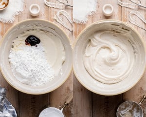 Side-by-side images showing cream cheese frosting ingredients added to a bowl and then mixed until smooth and creamy.