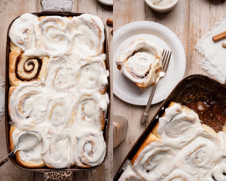 Overhead view of cinnamon rolls generously frosted with cream cheese icing in a baking dish, with a plated cinnamon roll served alongside.