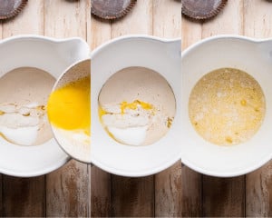 Step-by-step collage showing sugar and melted butter being added to the yeast mixture, followed by the liquid ingredients fully combined in a mixing bowl.