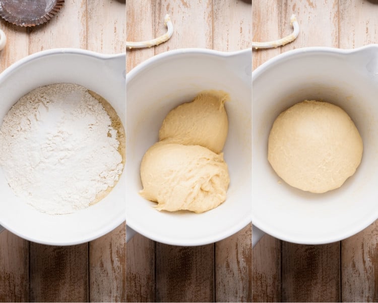 Overhead collage showing flour added to the cinnamon roll dough, the dough beginning to come together, and a smooth dough ball formed in the bowl.