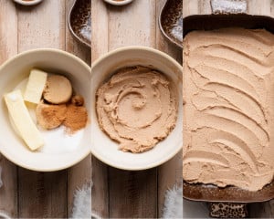 Collage showing softened butter, brown sugar, cinnamon, and salt mixed together into a smooth cinnamon sugar filling, then spread evenly in a baking dish.