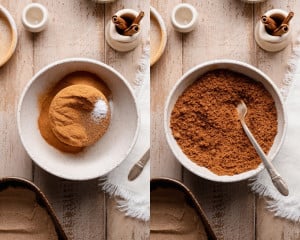 Side-by-side images of rolled-out cinnamon roll dough, with butter spread evenly across the surface using an offset spatula.