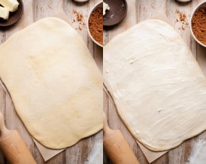 Overhead images showing cinnamon sugar filling sprinkled generously over buttered dough and spread evenly to the edges.