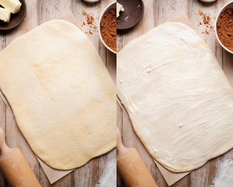Overhead images showing cinnamon sugar filling sprinkled generously over buttered dough and spread evenly to the edges.