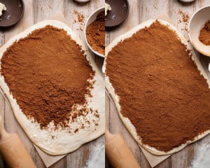 Step-by-step collage showing cinnamon roll dough being rolled into a log, sliced into individual rolls, and arranged in a baking dish.